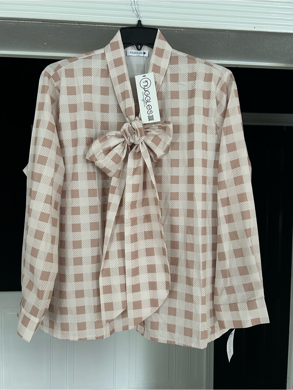 Nuggles Beige Check Bow-Tie Blouse